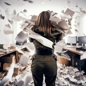 Soldier stealing paperwork from an office