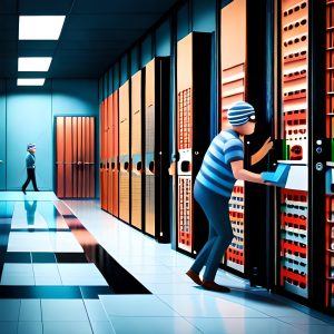 Burglar standing in front of server in data center