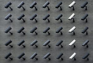 Surveillance cameras on wall
