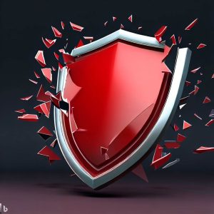 Red shield representing security software shattering into pieces.