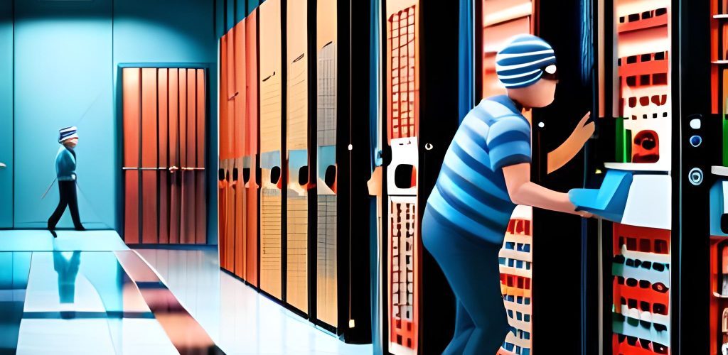 Burglar standing in front of server in data center
